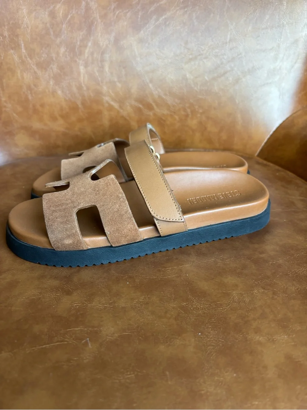 Steve Madden Harken Tan Cognac Leather Sandals H-cut Double Strap Size 8 - Picture 4 of 7
